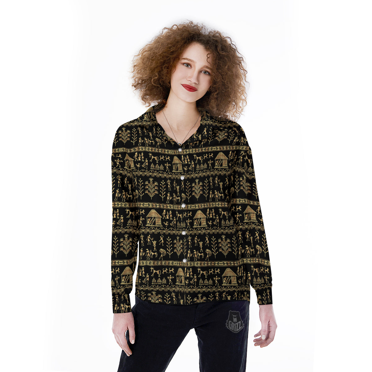 Warli Gold And Black Print Pattern Women's Long Sleeve Shirts-grizzshop