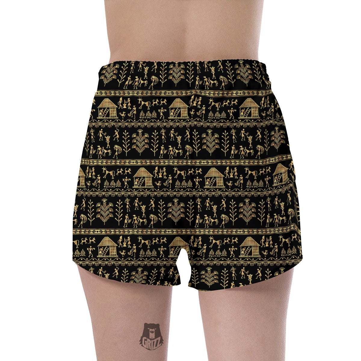 Warli Gold And Black Print Pattern Women's Shorts-grizzshop