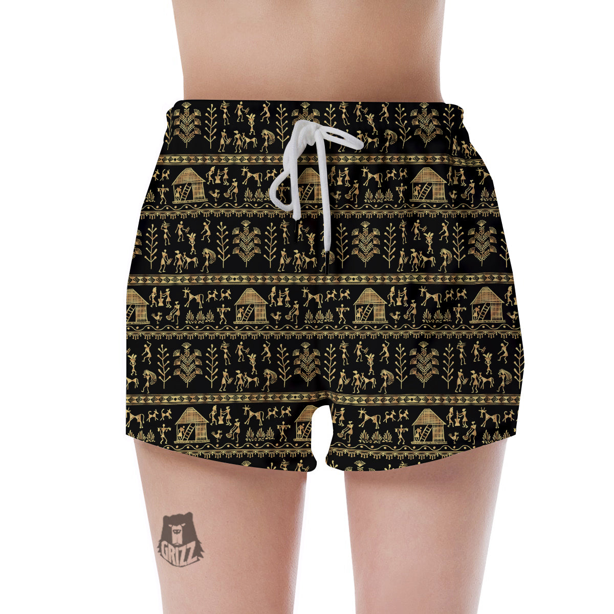 Warli Gold And Black Print Pattern Women's Shorts-grizzshop