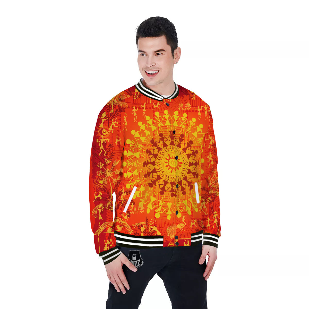 Warli Tribal Ancient Indian Print Baseball Jacket-grizzshop