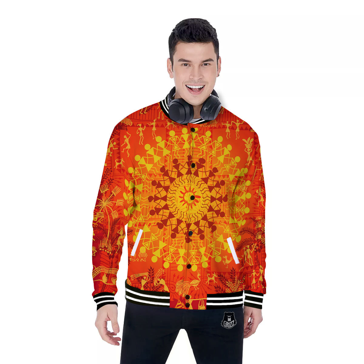 Warli Tribal Ancient Indian Print Baseball Jacket-grizzshop