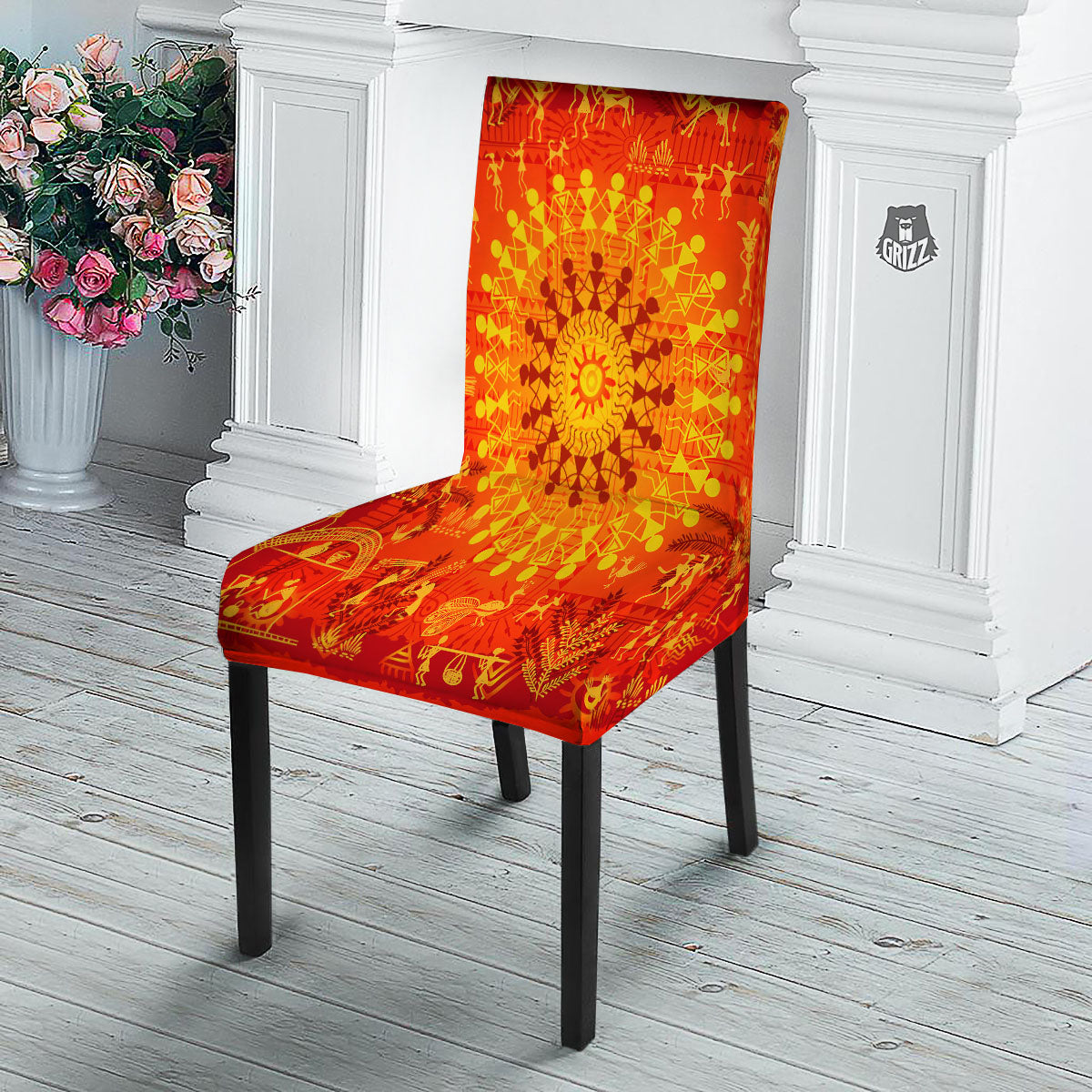 Warli Tribal Ancient Indian Print Dining Chair Slipcover-grizzshop