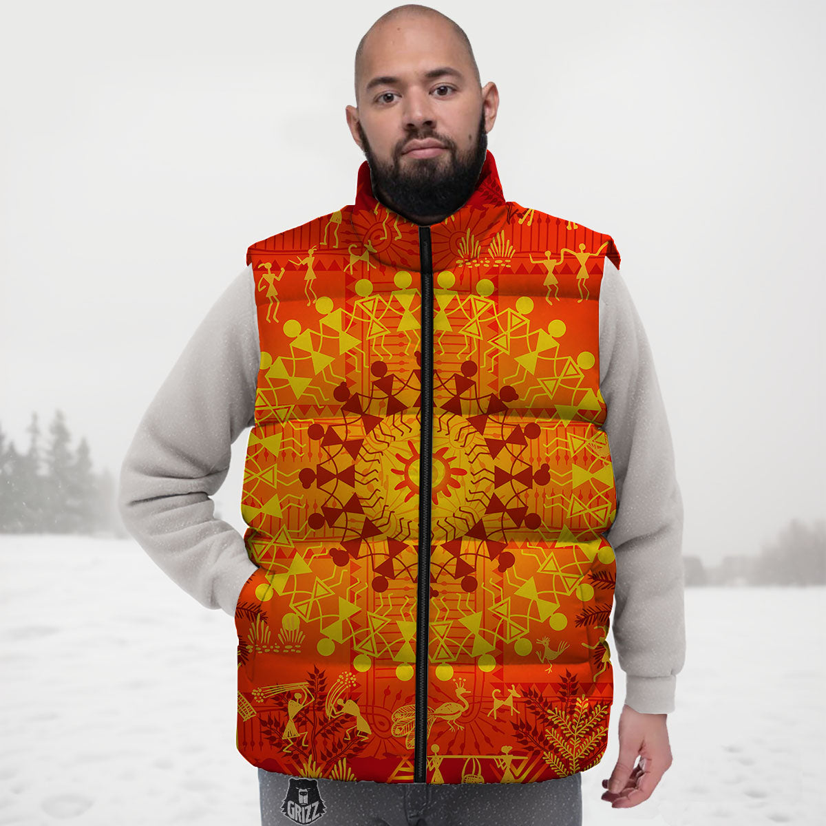 Warli Tribal Ancient Indian Print Down Vest