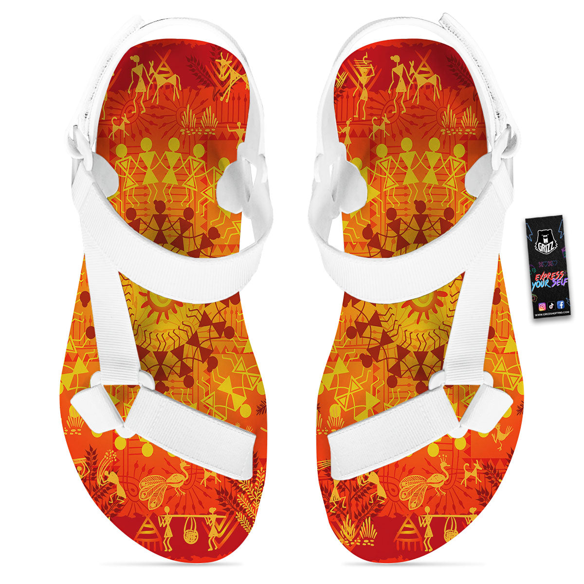 Warli Tribal Ancient Indian Print White Open Toe Sandals-grizzshop