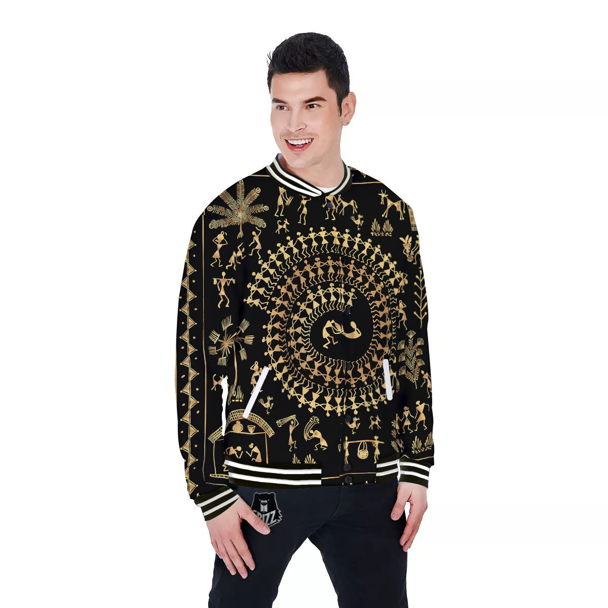 Warli Tribal Gold And Black Print Baseball Jacket-grizzshop