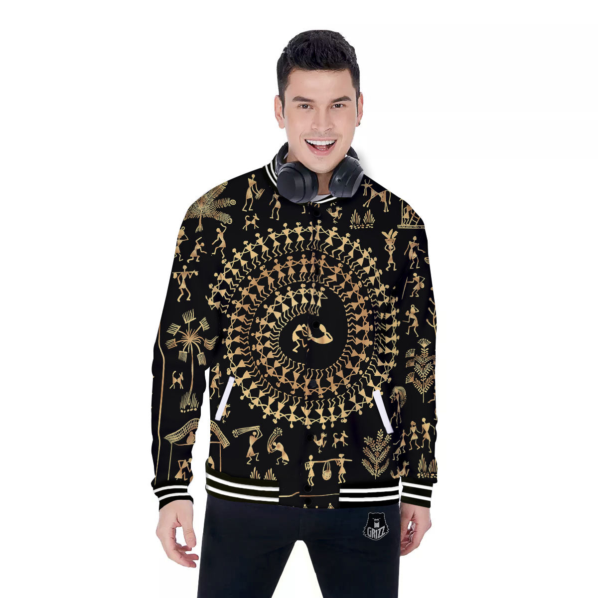 Warli Tribal Gold And Black Print Baseball Jacket-grizzshop