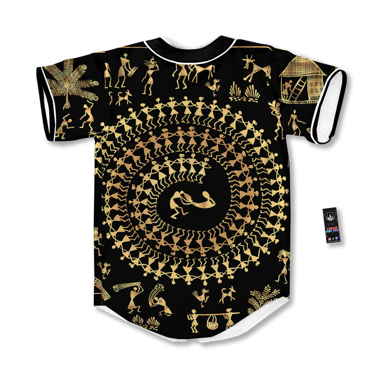 Warli Tribal Gold And Black Print Baseball Jersey-grizzshop