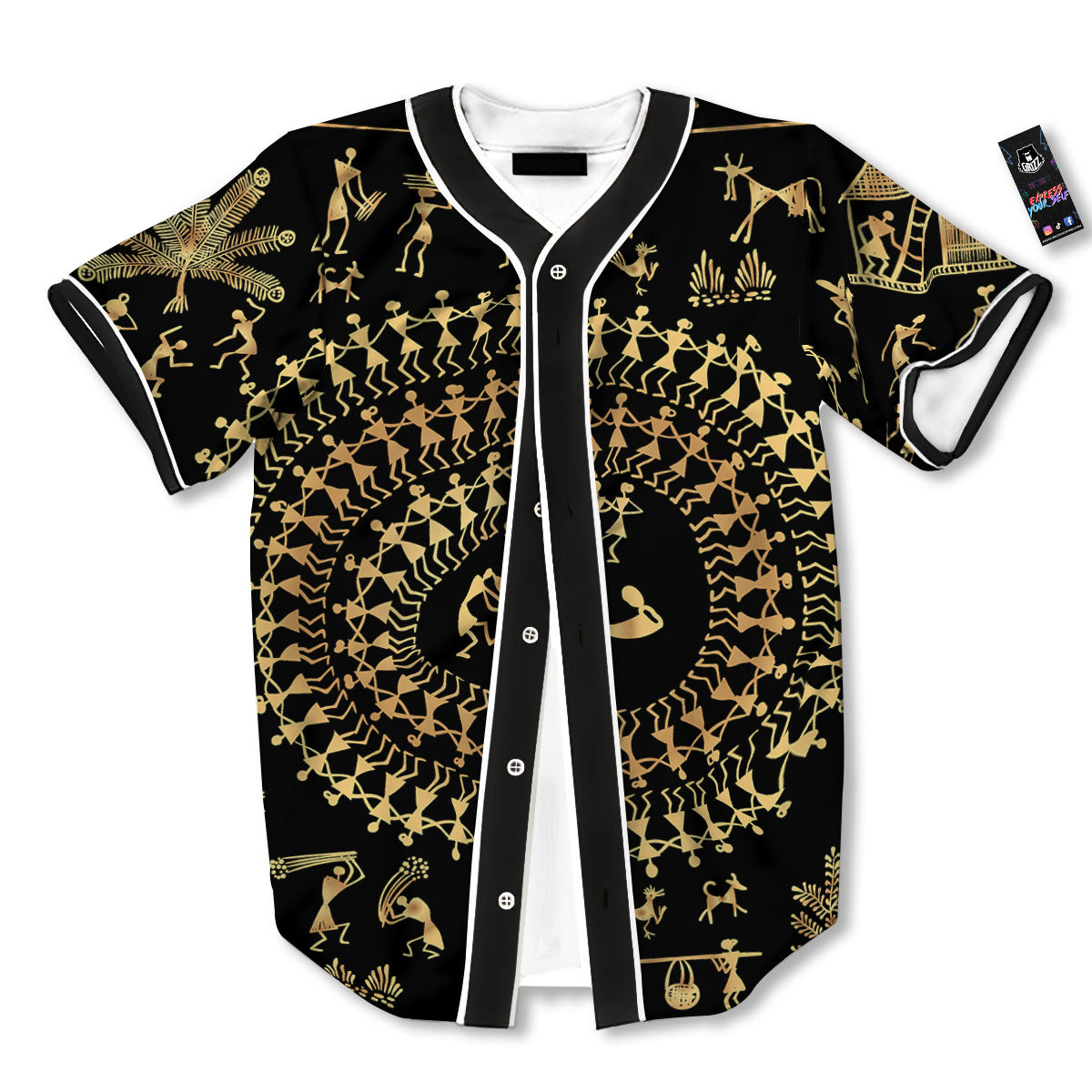 Warli Tribal Gold And Black Print Baseball Jersey-grizzshop