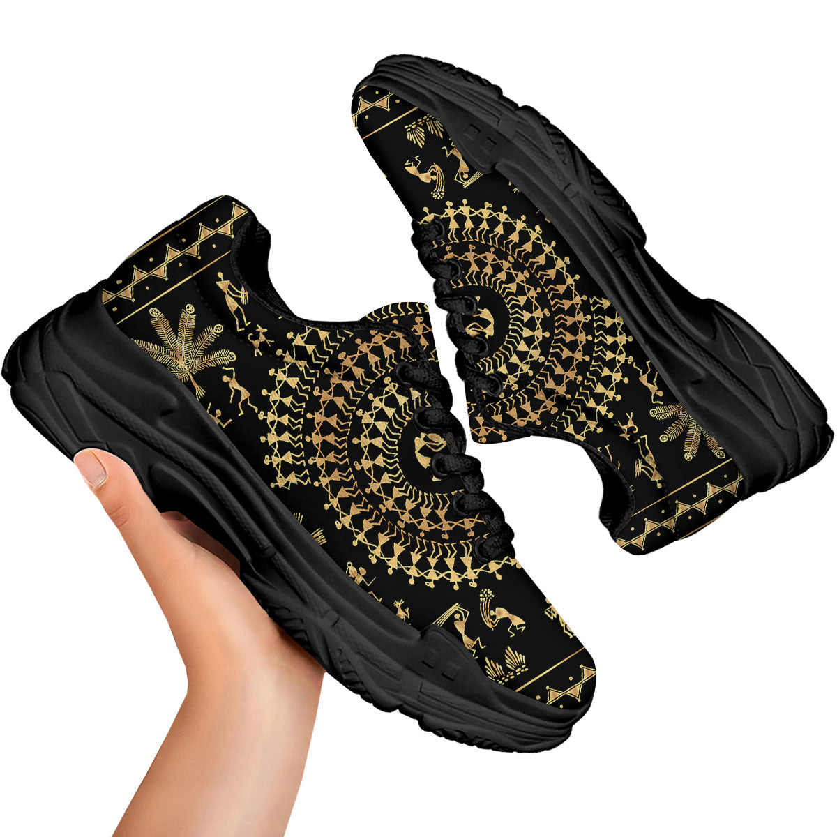 Warli Tribal Gold And Black Print Black Chunky Shoes-grizzshop