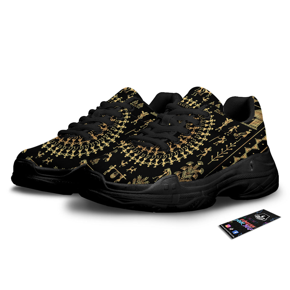 Warli Tribal Gold And Black Print Black Chunky Shoes-grizzshop