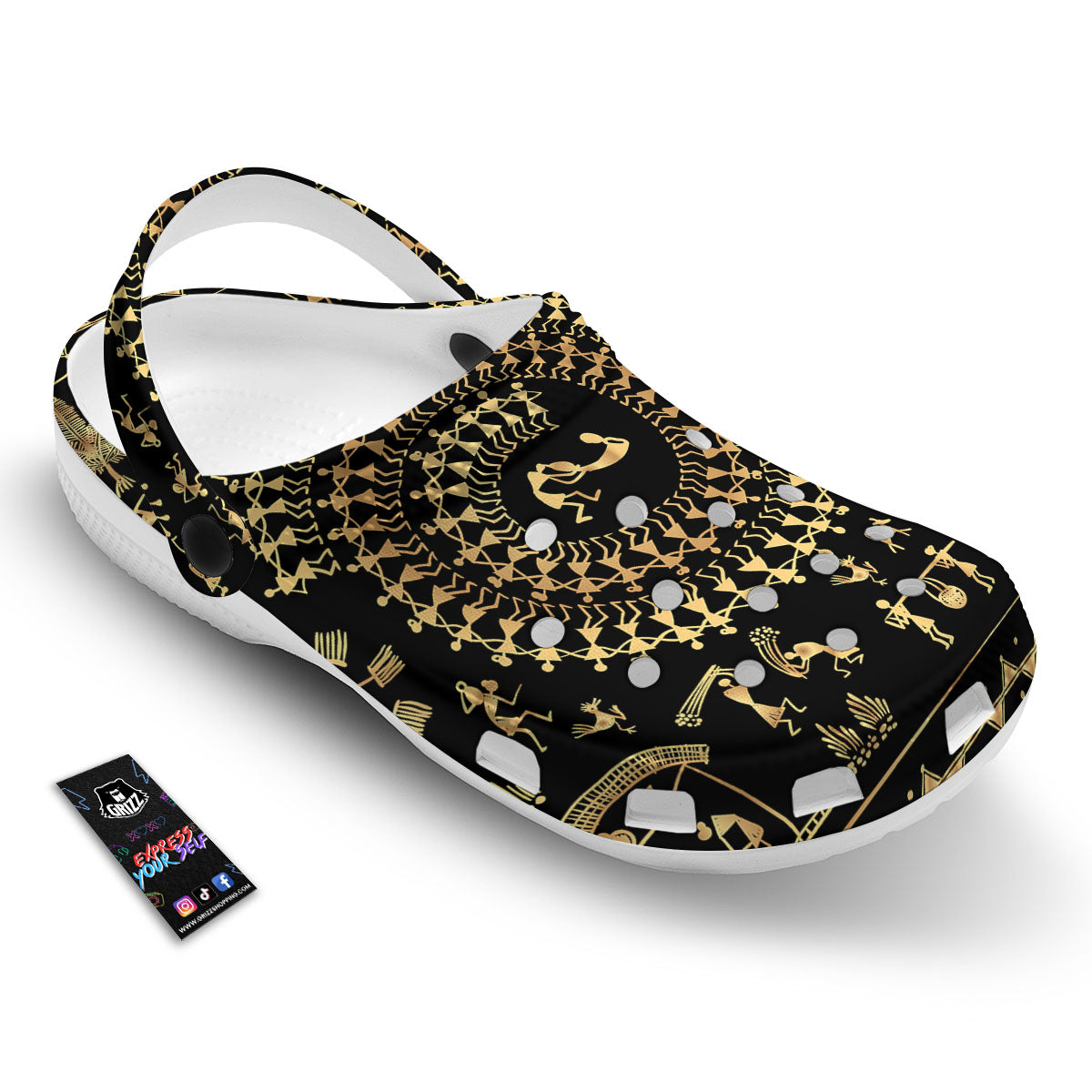 Warli Tribal Gold And Black Print Clog-grizzshop