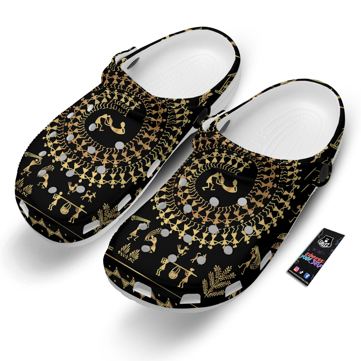 Warli Tribal Gold And Black Print Clog-grizzshop