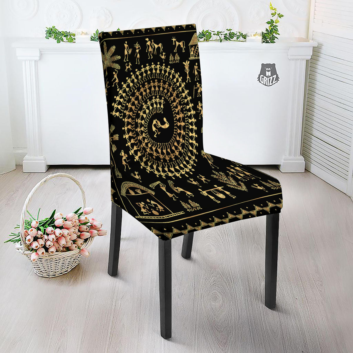 Warli Tribal Gold And Black Print Dining Chair Slipcover-grizzshop