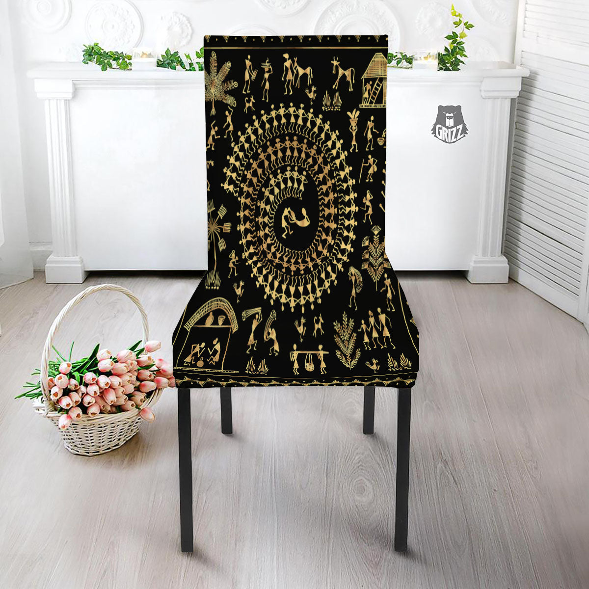 Warli Tribal Gold And Black Print Dining Chair Slipcover-grizzshop