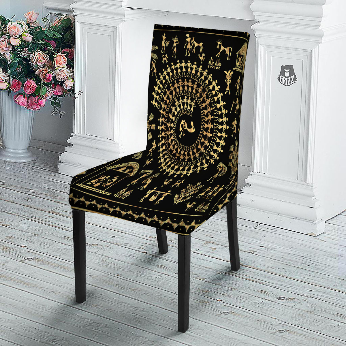 Warli Tribal Gold And Black Print Dining Chair Slipcover-grizzshop