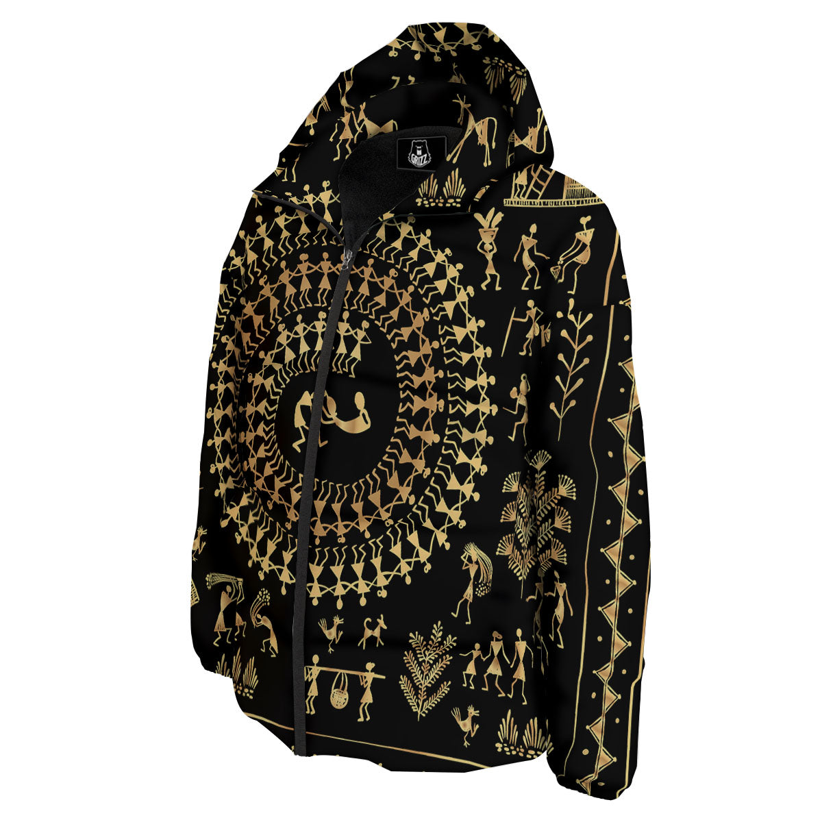 Warli Tribal Gold And Black Print Down Jacket-grizzshop