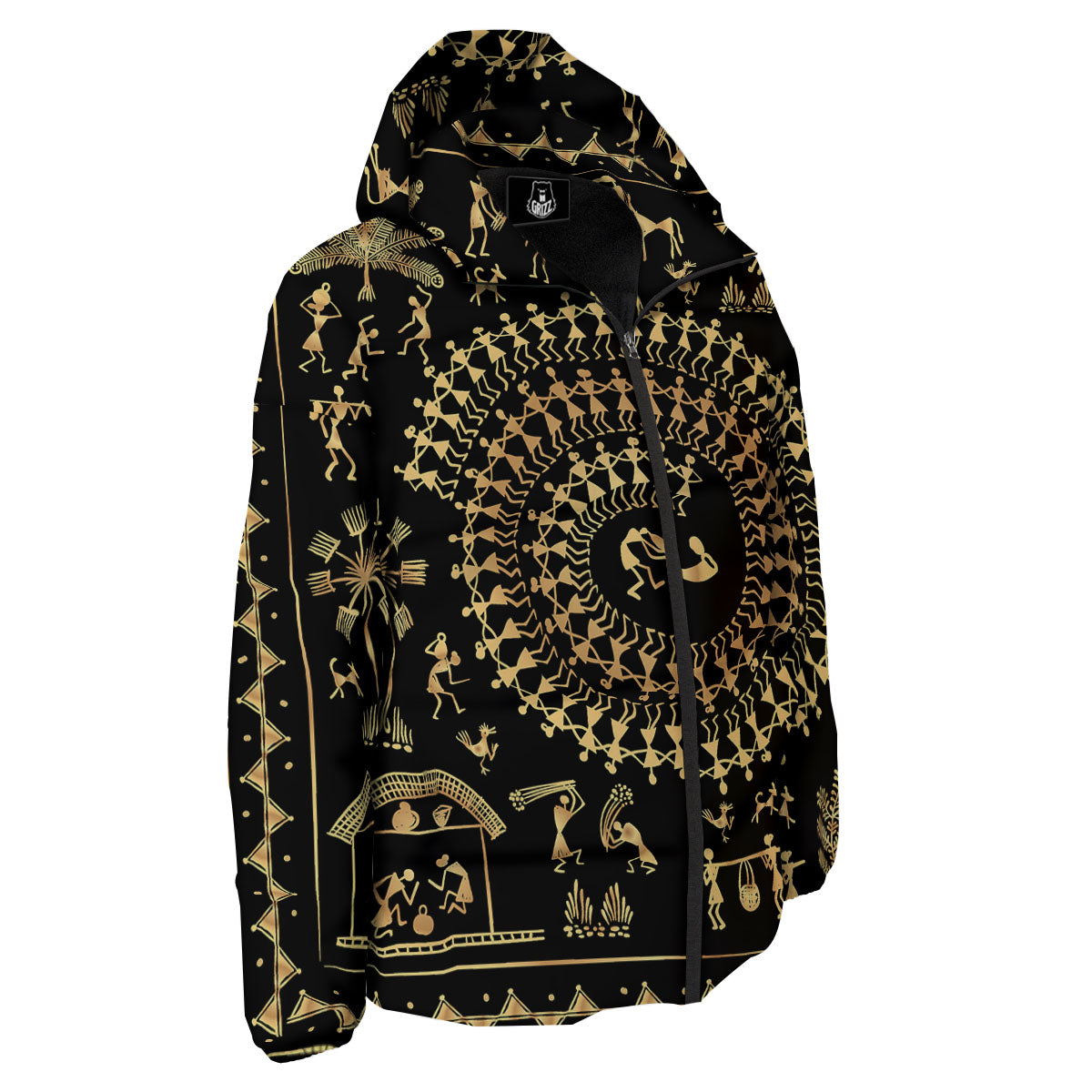 Warli Tribal Gold And Black Print Down Jacket-grizzshop