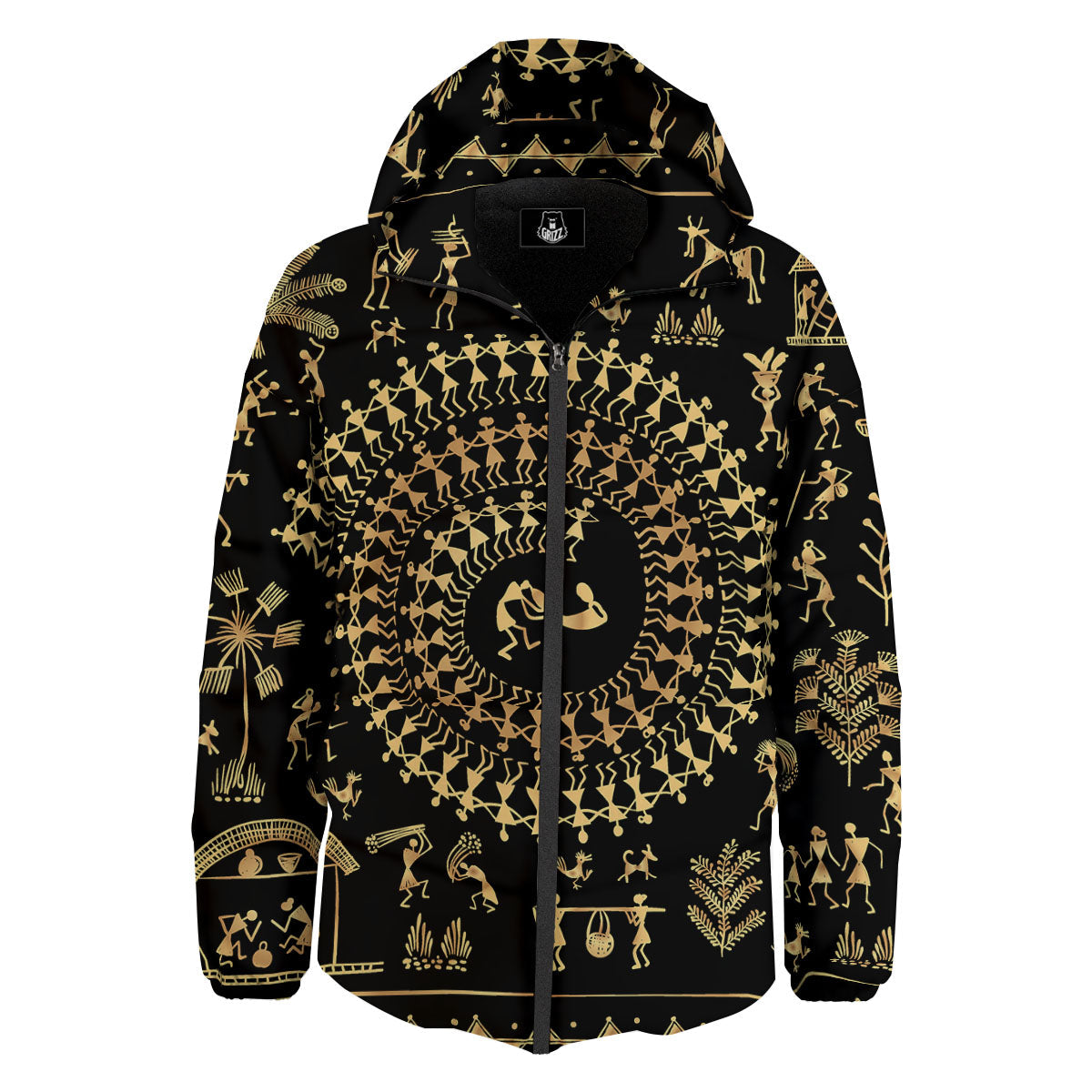 Warli Tribal Gold And Black Print Down Jacket-grizzshop