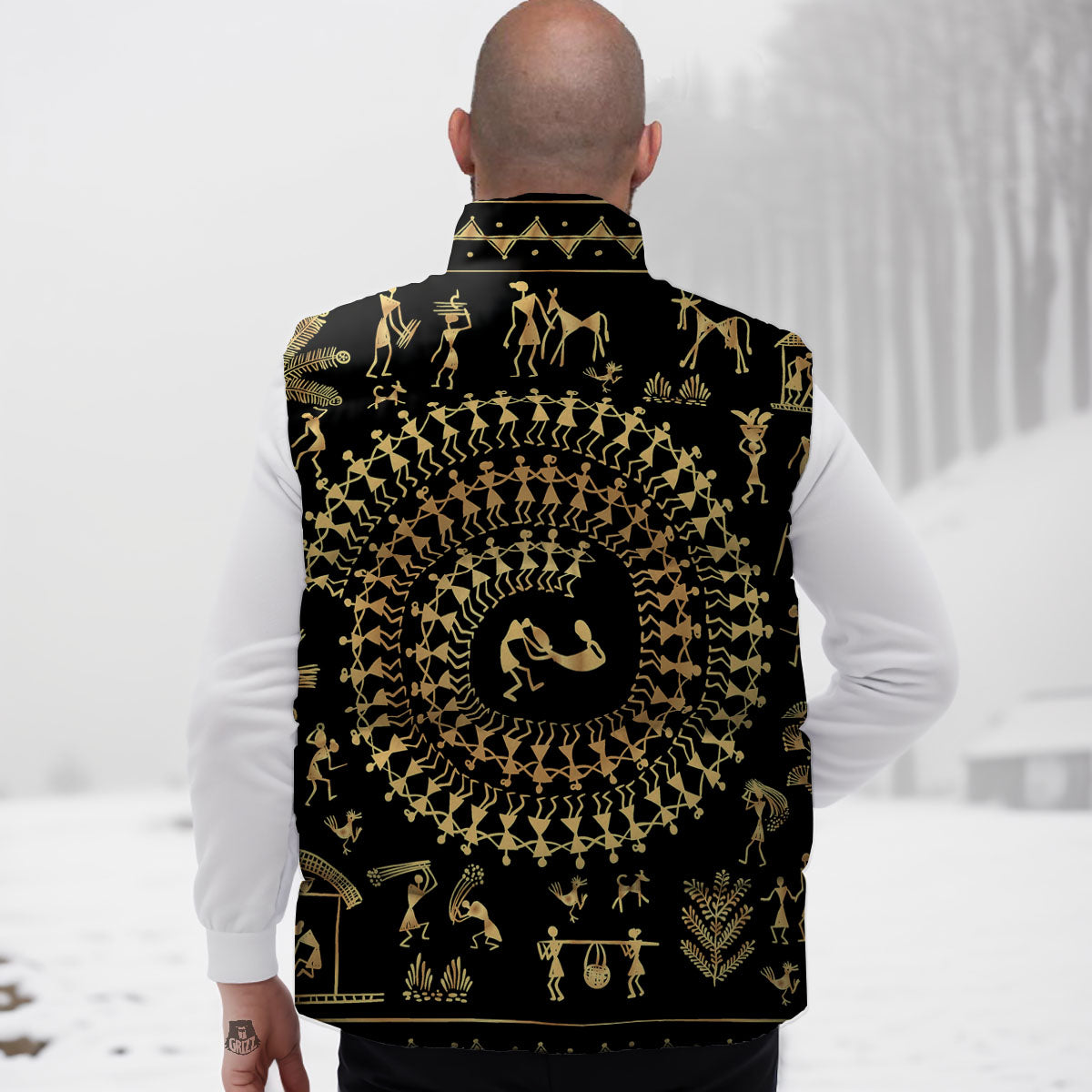 Warli Tribal Gold And Black Print Down Vest