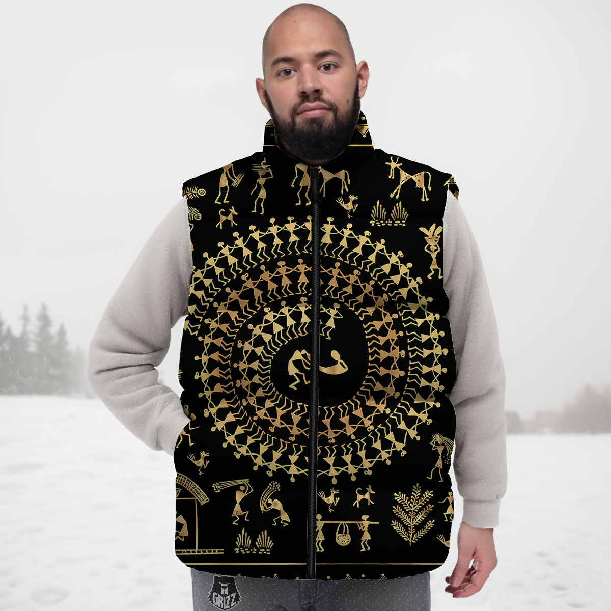 Warli Tribal Gold And Black Print Down Vest