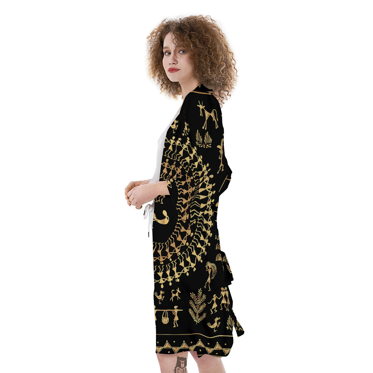 Warli Tribal Gold And Black Print Kimono-grizzshop