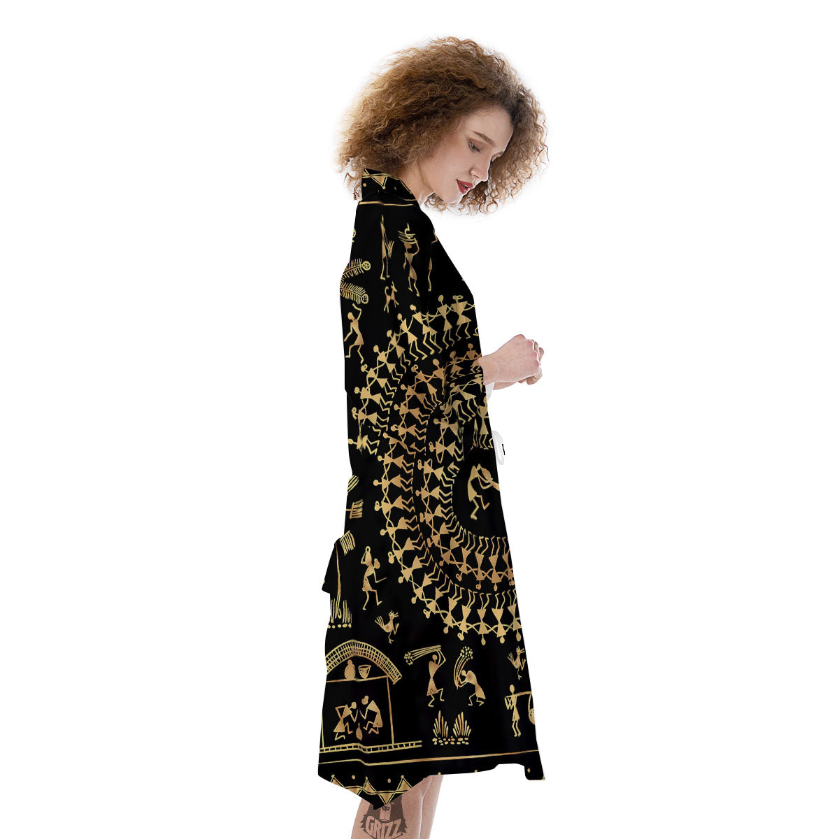 Warli Tribal Gold And Black Print Kimono-grizzshop
