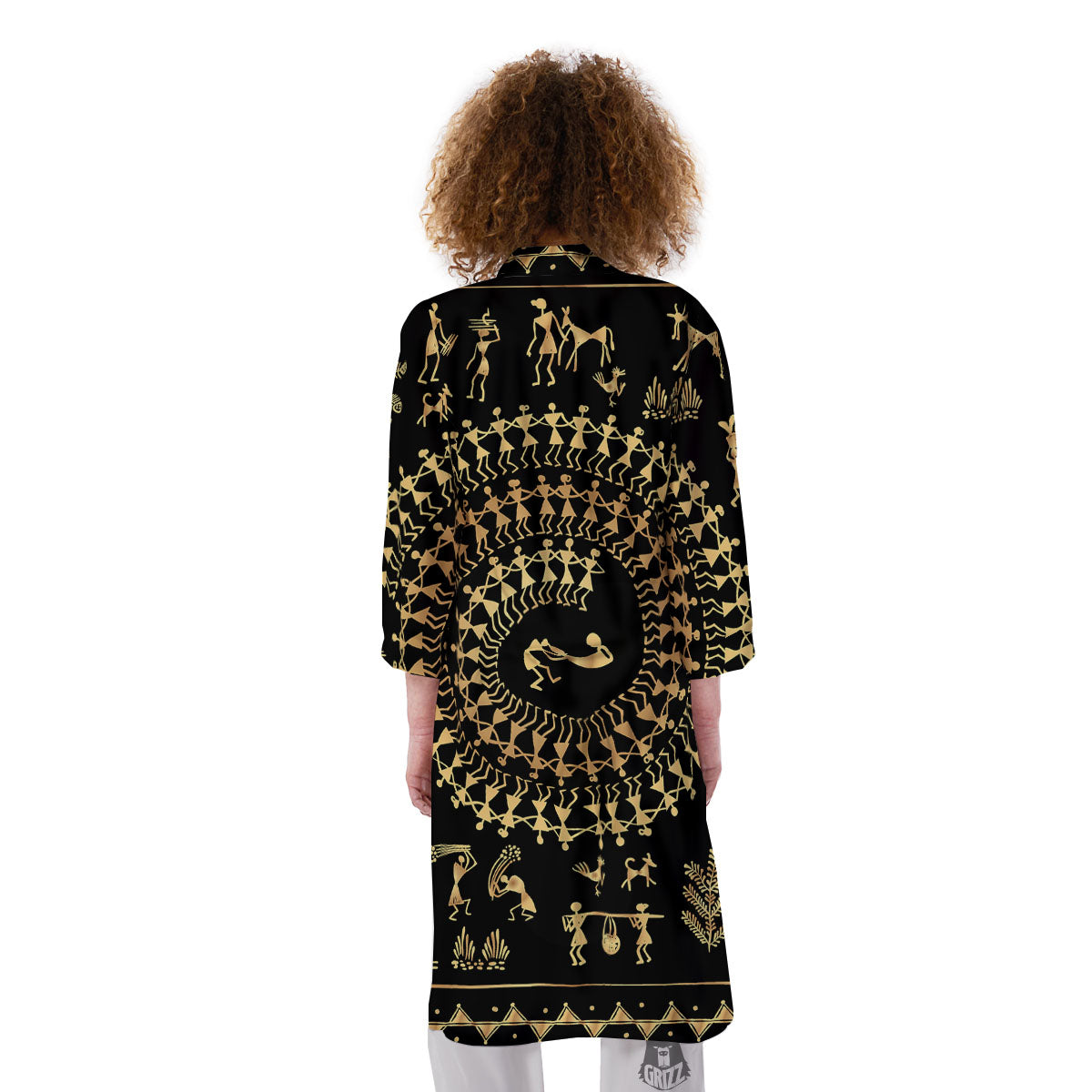 Warli Tribal Gold And Black Print Kimono-grizzshop