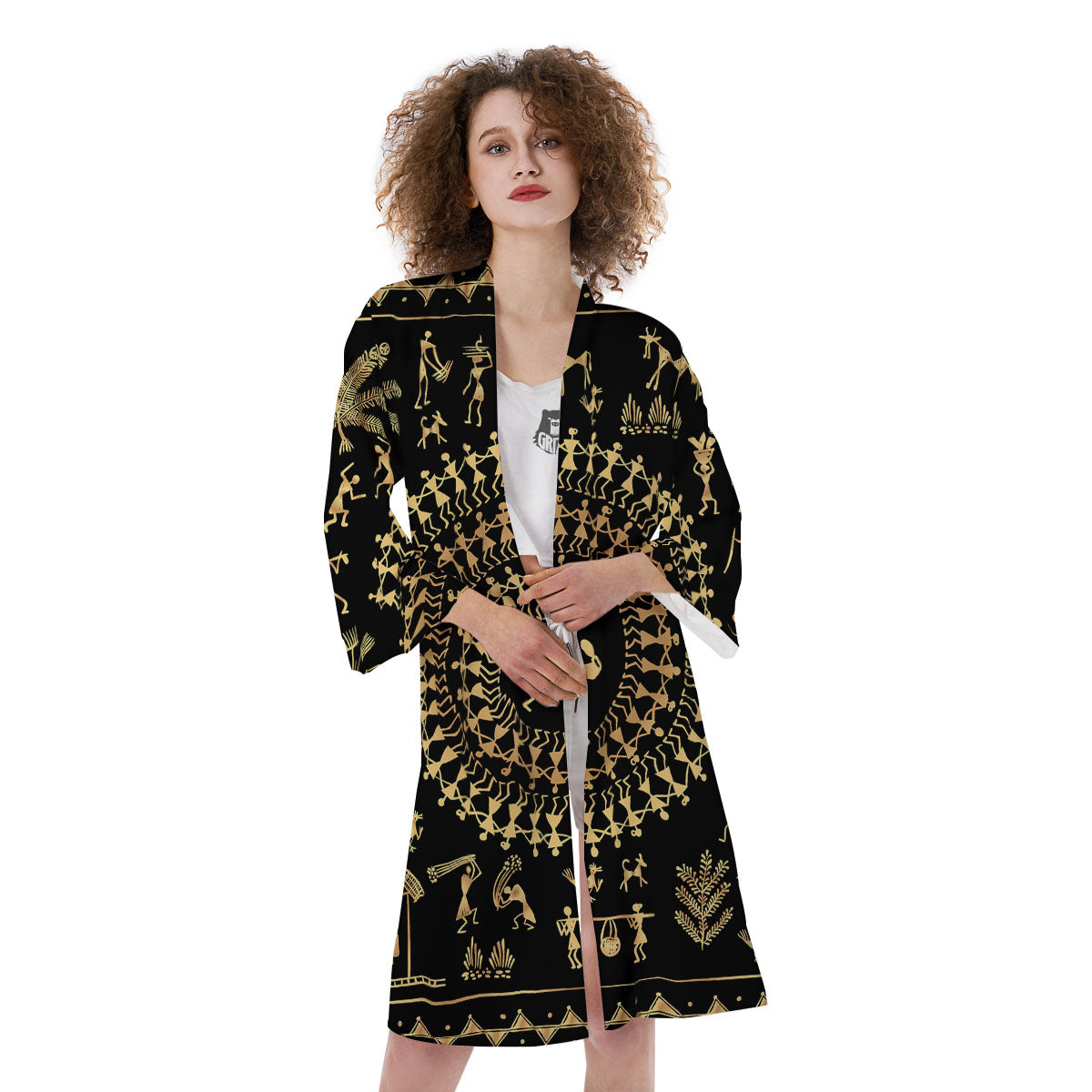 Warli Tribal Gold And Black Print Kimono-grizzshop