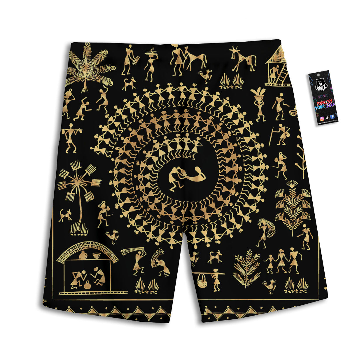 Warli Tribal Gold And Black Print Men's Athletic Shorts