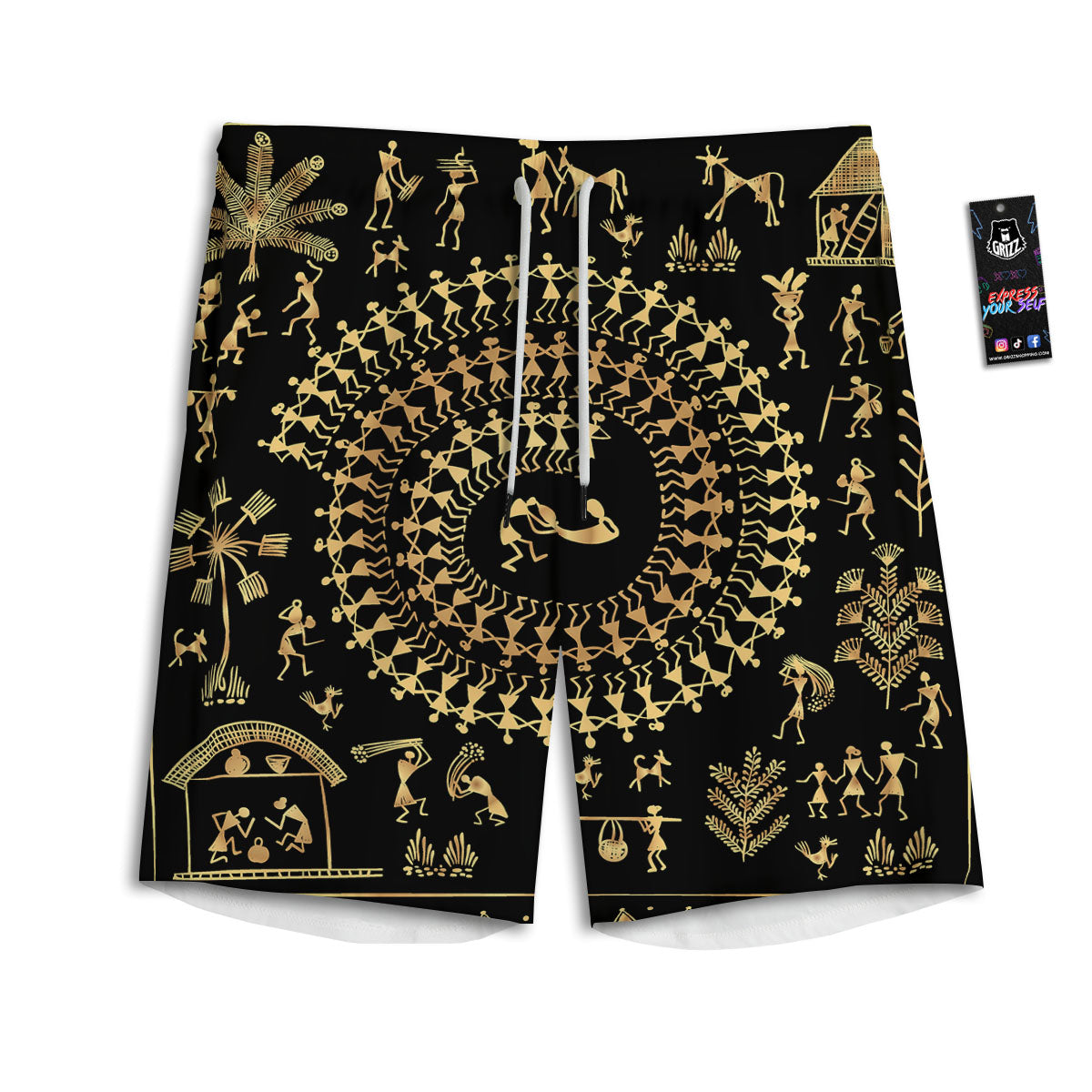 Warli Tribal Gold And Black Print Men's Athletic Shorts