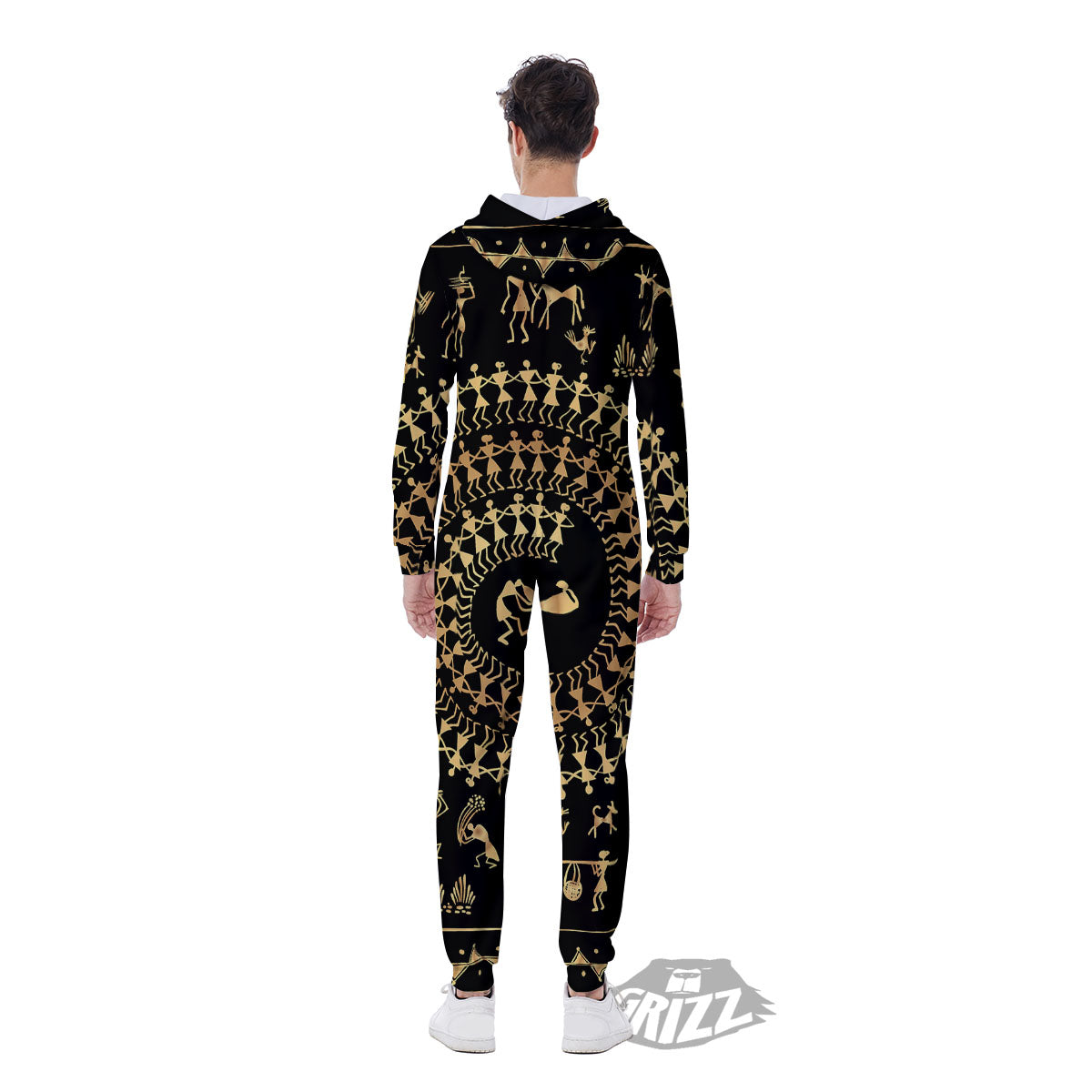 Warli Tribal Gold And Black Print Men's Jumpsuit-grizzshop