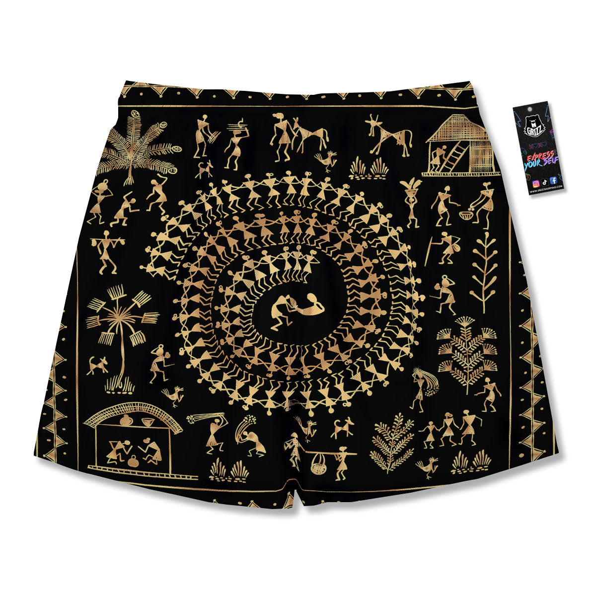 Warli Tribal Gold And Black Print Men's Running Shorts-grizzshop