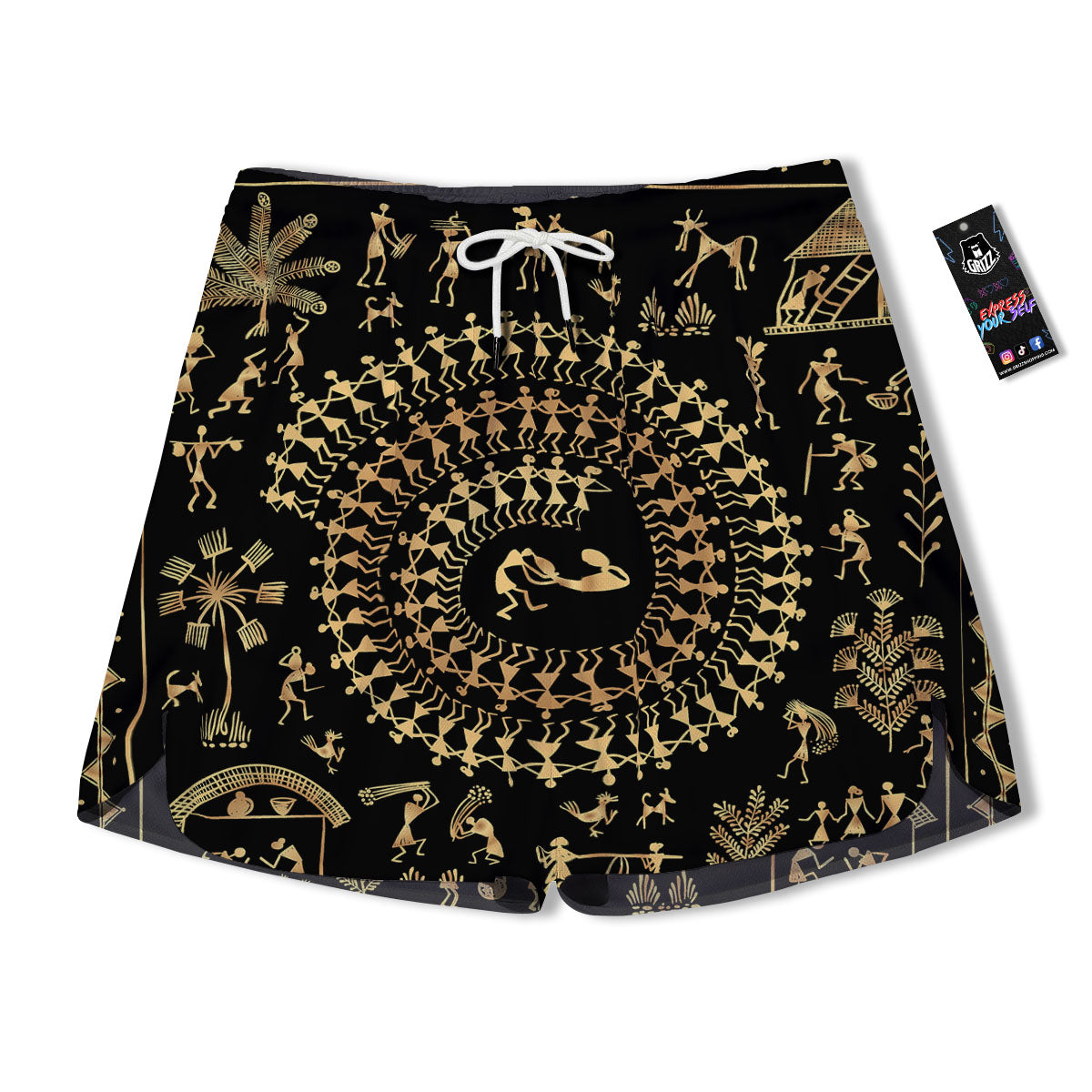 Warli Tribal Gold And Black Print Men's Running Shorts-grizzshop