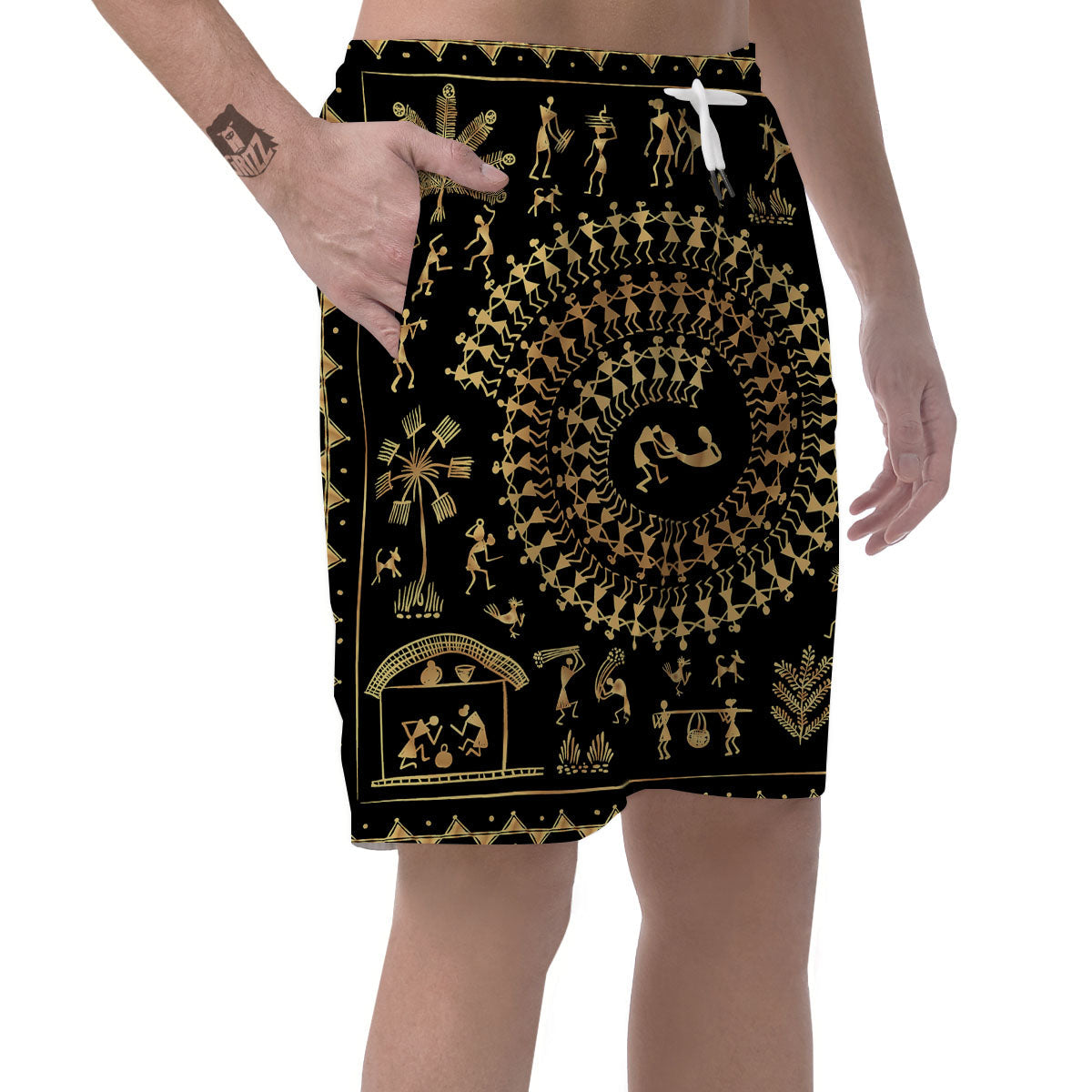 Warli Tribal Gold And Black Print Men's Shorts-grizzshop
