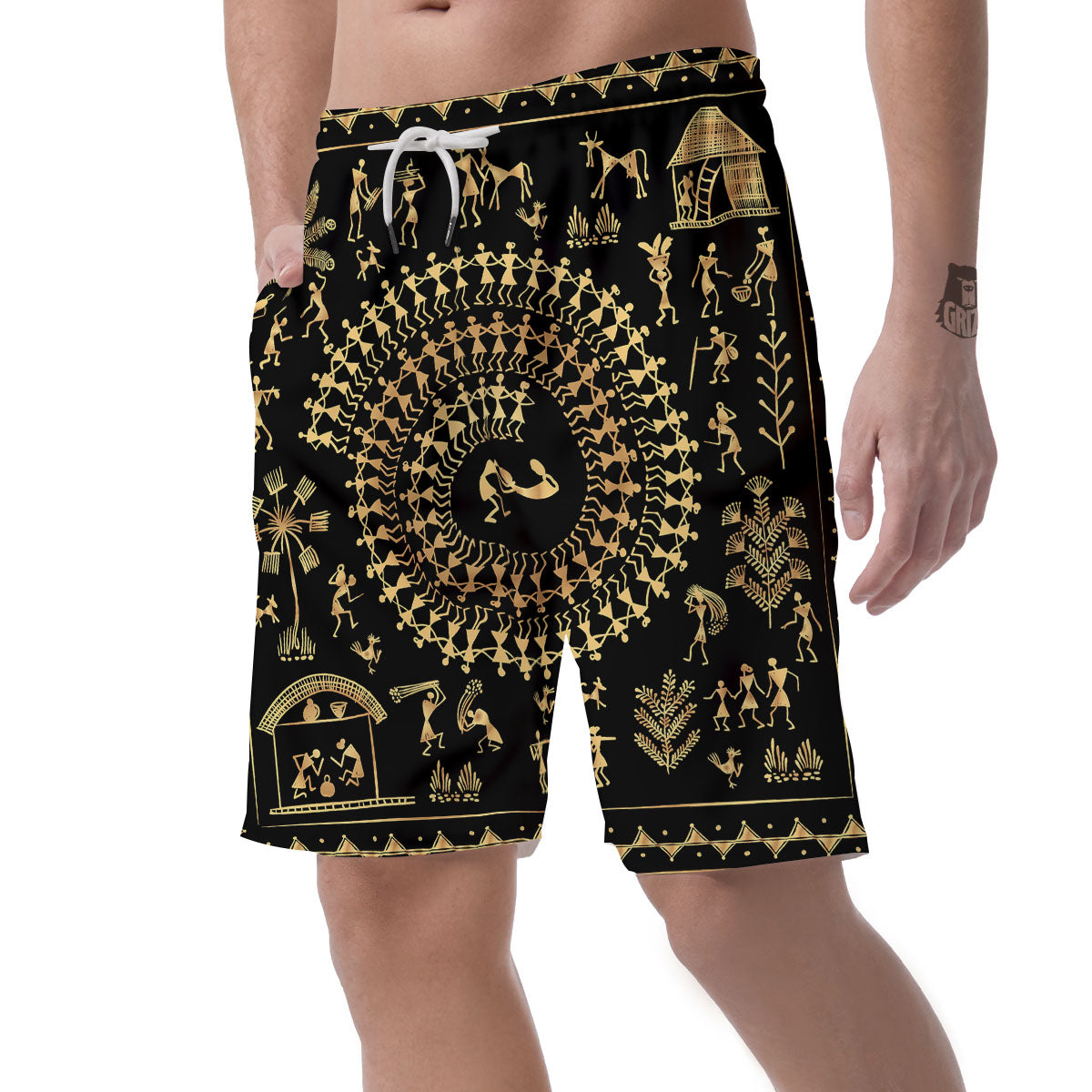 Warli Tribal Gold And Black Print Men's Shorts-grizzshop