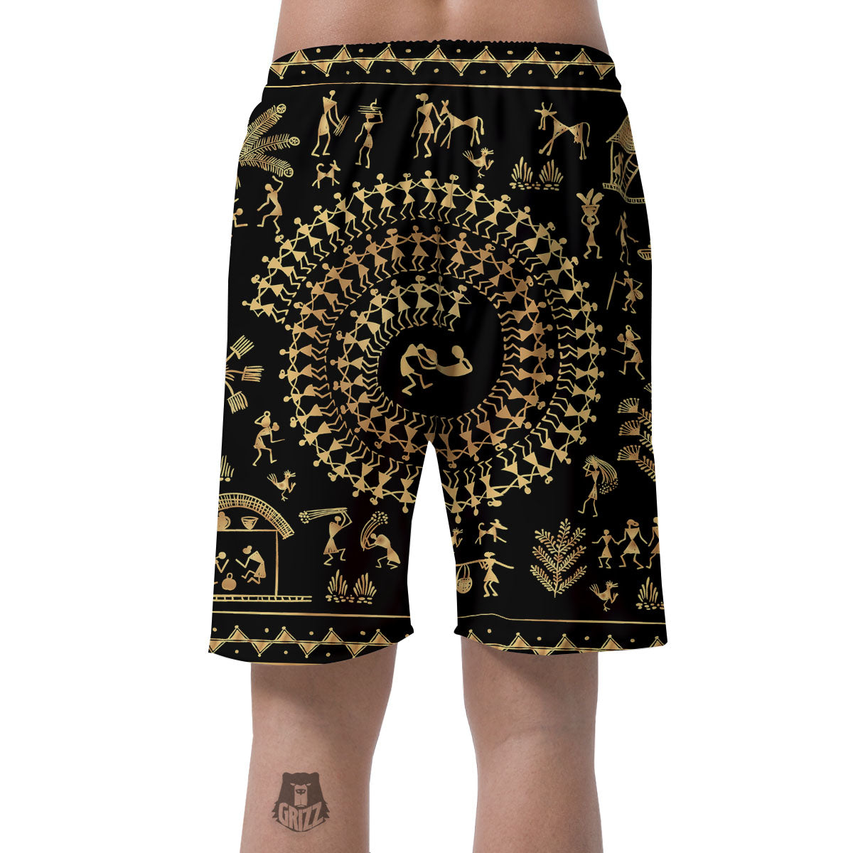 Warli Tribal Gold And Black Print Men's Shorts-grizzshop