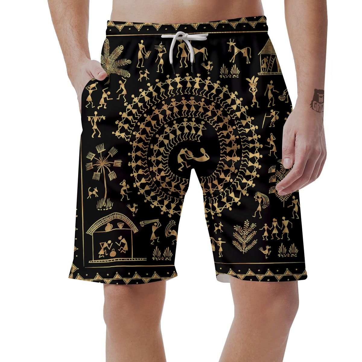 Warli Tribal Gold And Black Print Men's Shorts-grizzshop