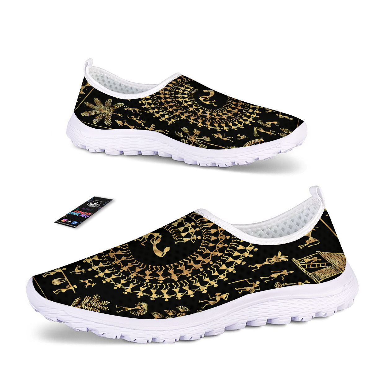 Warli Tribal Gold And Black Print Nurse Shoes-grizzshop