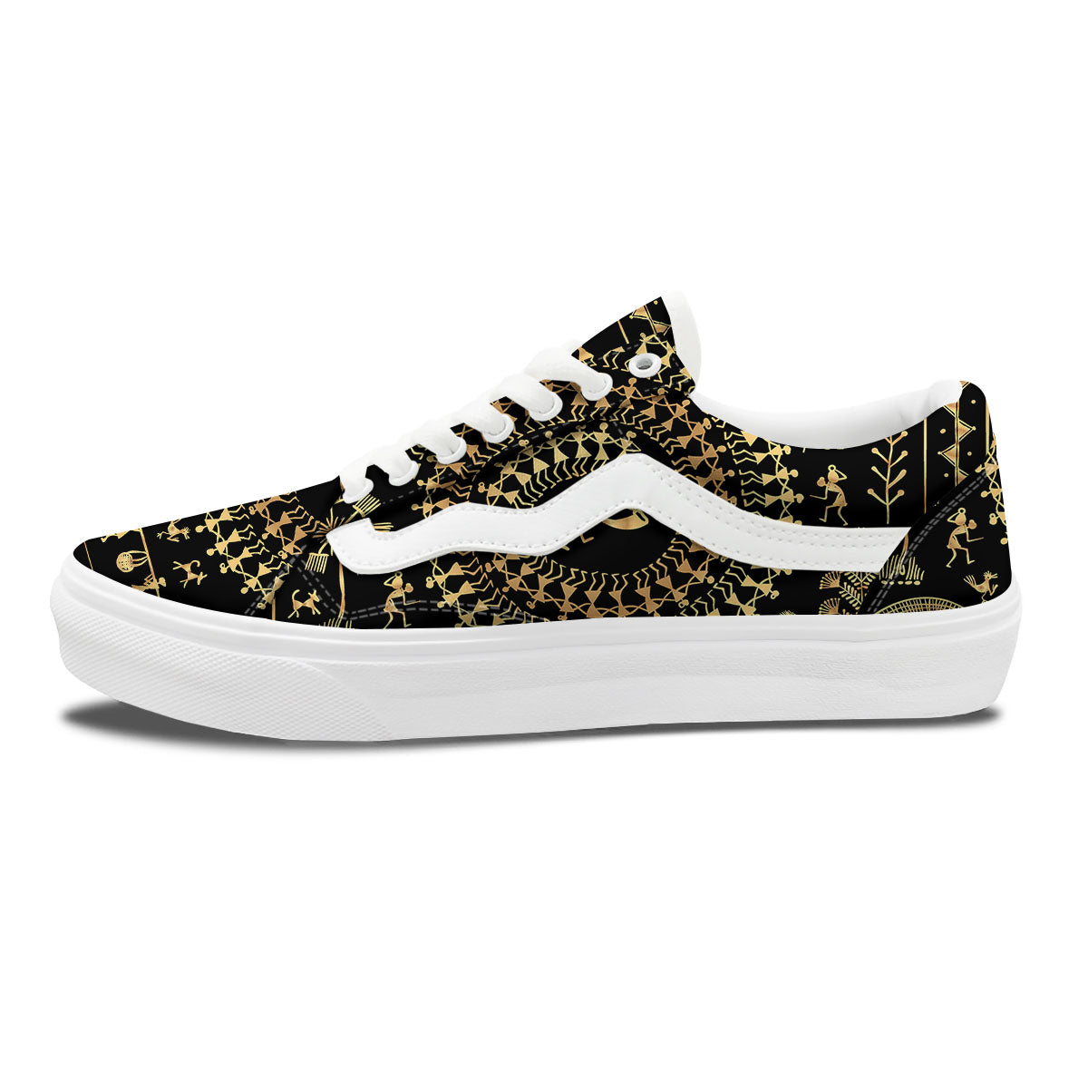 Warli Tribal Gold And Black Print Skate Shoes-grizzshop