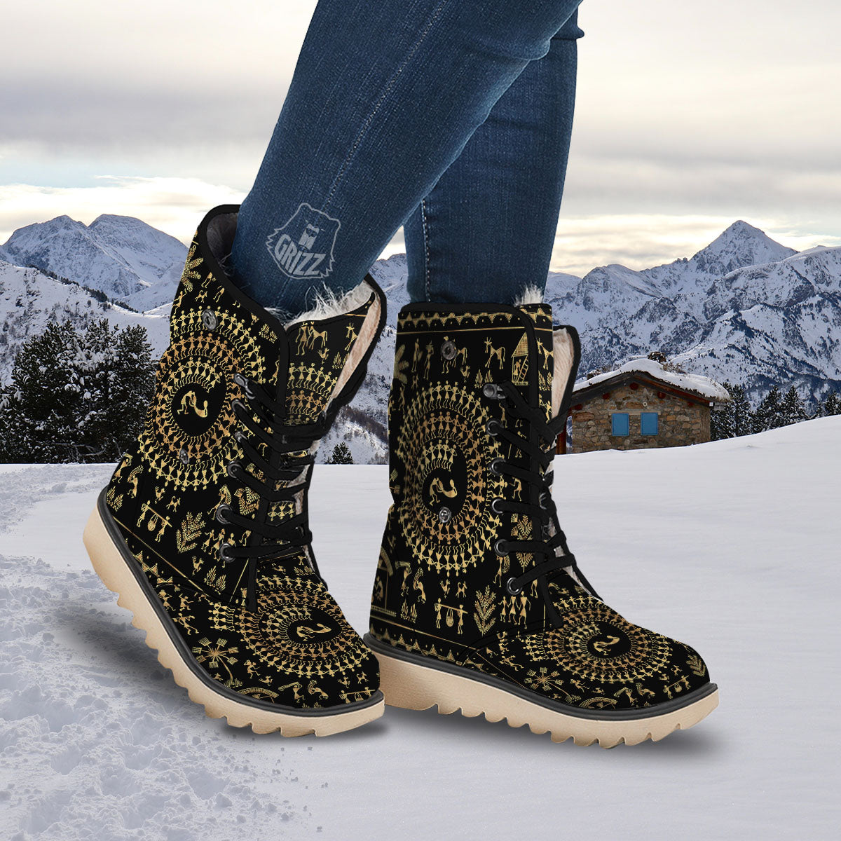 Warli Tribal Gold And Black Print Snow Boots-grizzshop
