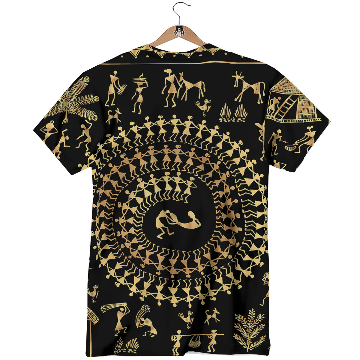 Warli Tribal Gold And Black Print T-Shirt-grizzshop