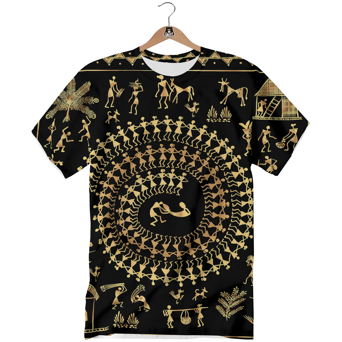 Warli Tribal Gold And Black Print T-Shirt-grizzshop
