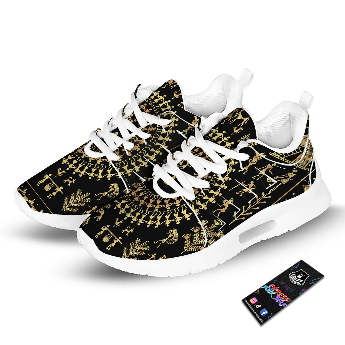 Warli Tribal Gold And Black Print Tennis Shoes-grizzshop