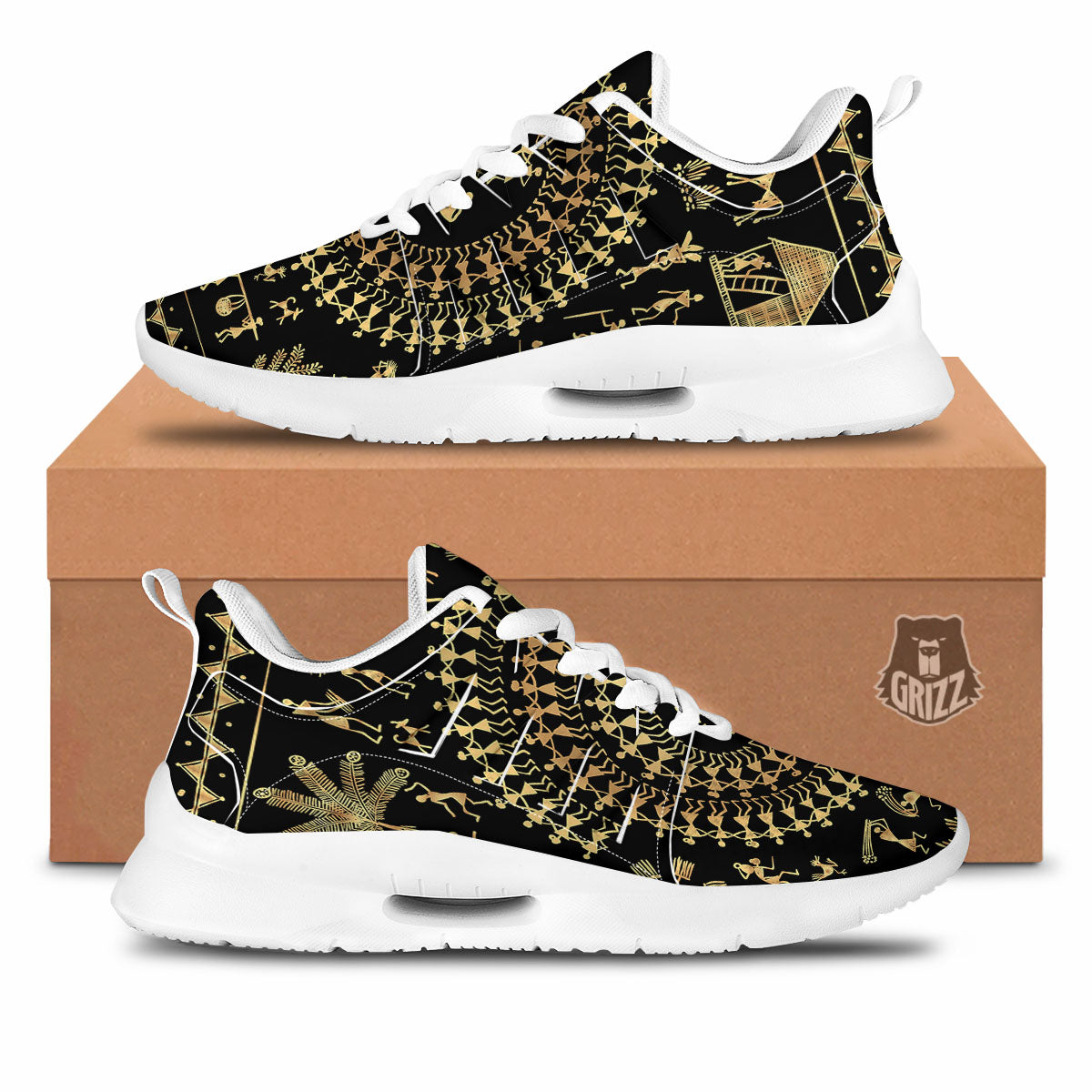 Warli Tribal Gold And Black Print Tennis Shoes-grizzshop