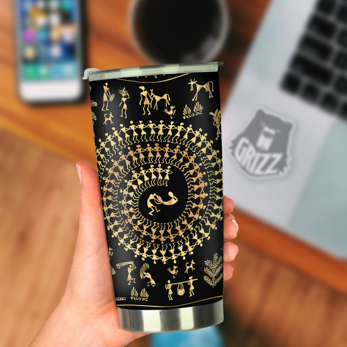 Warli Tribal Gold And Black Print Tumbler-grizzshop