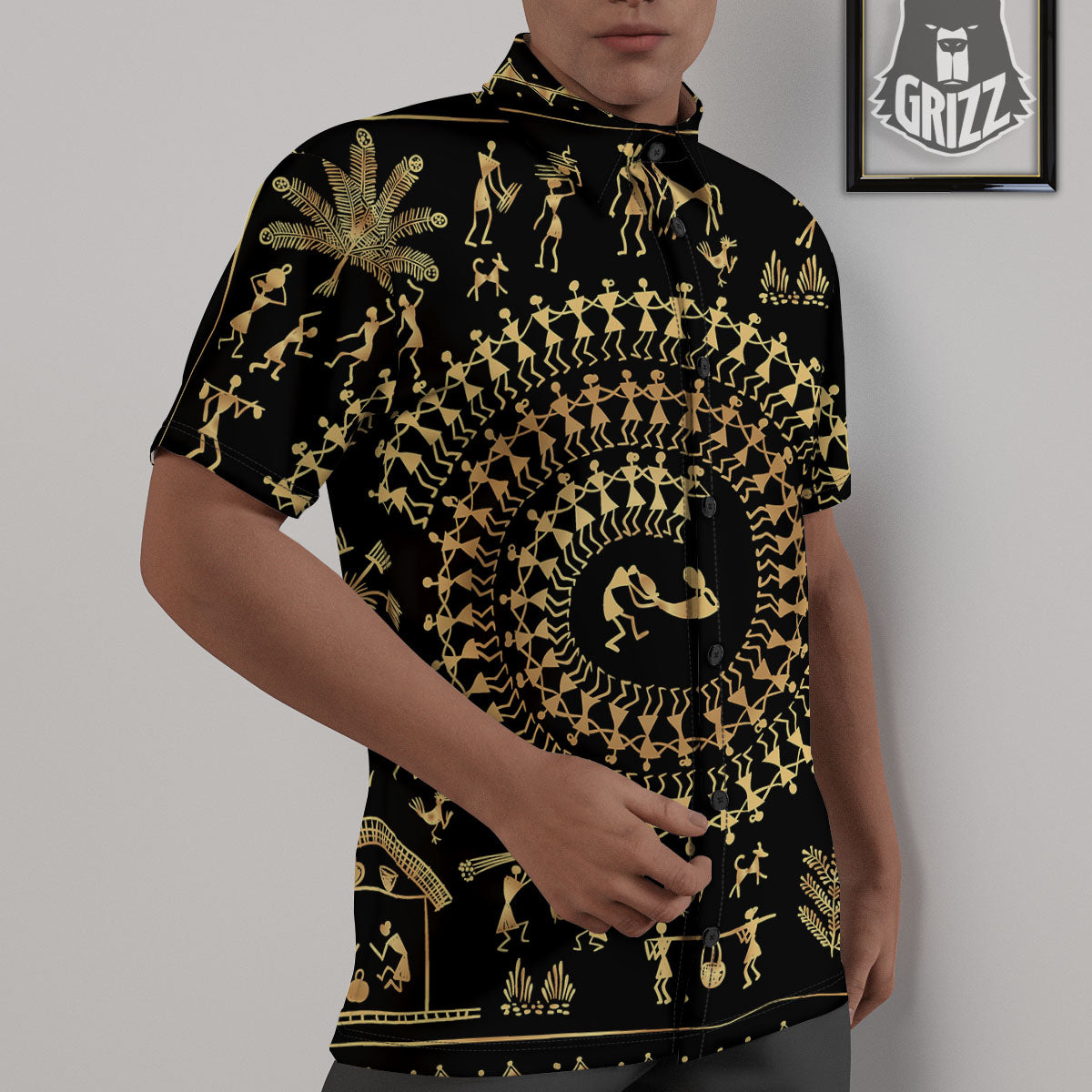 Warli Tribal Gold And Black Print Untucked Shirts-grizzshop