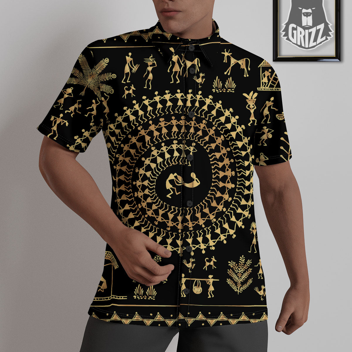 Warli Tribal Gold And Black Print Untucked Shirts-grizzshop