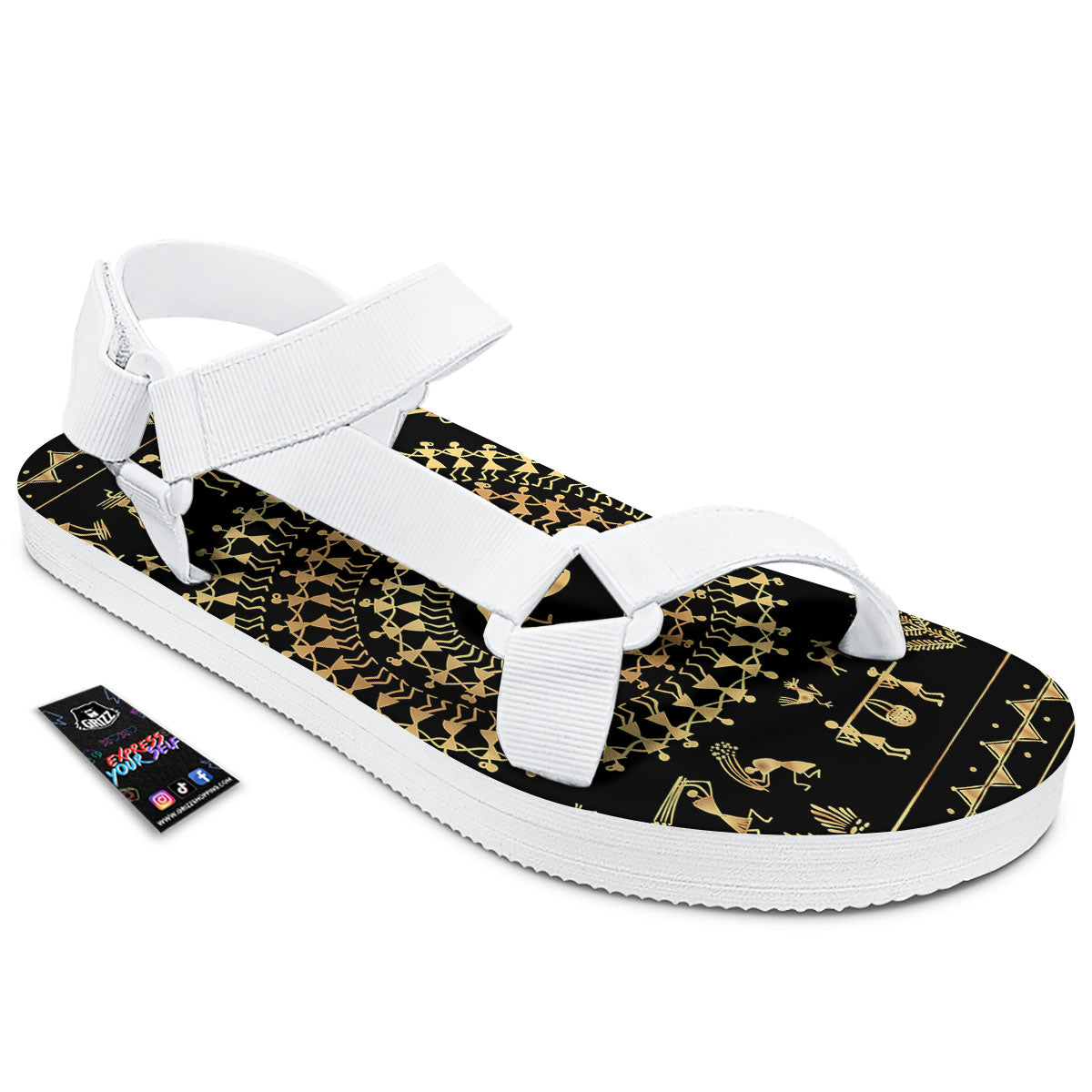 Warli Tribal Gold And Black Print White Open Toe Sandals-grizzshop