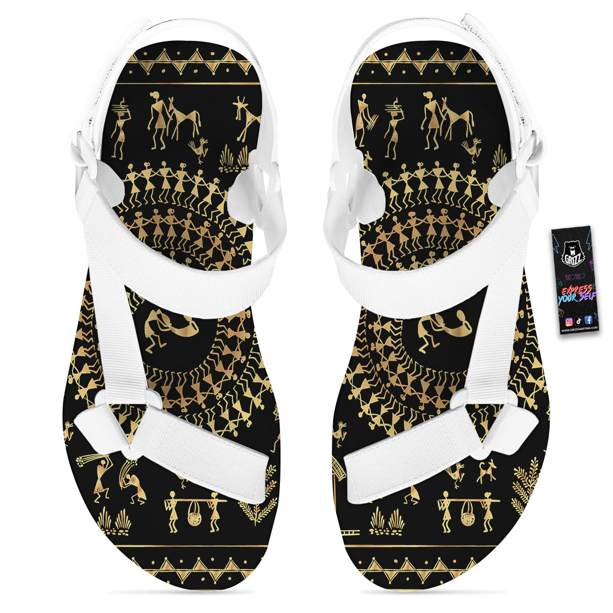 Warli Tribal Gold And Black Print White Open Toe Sandals-grizzshop