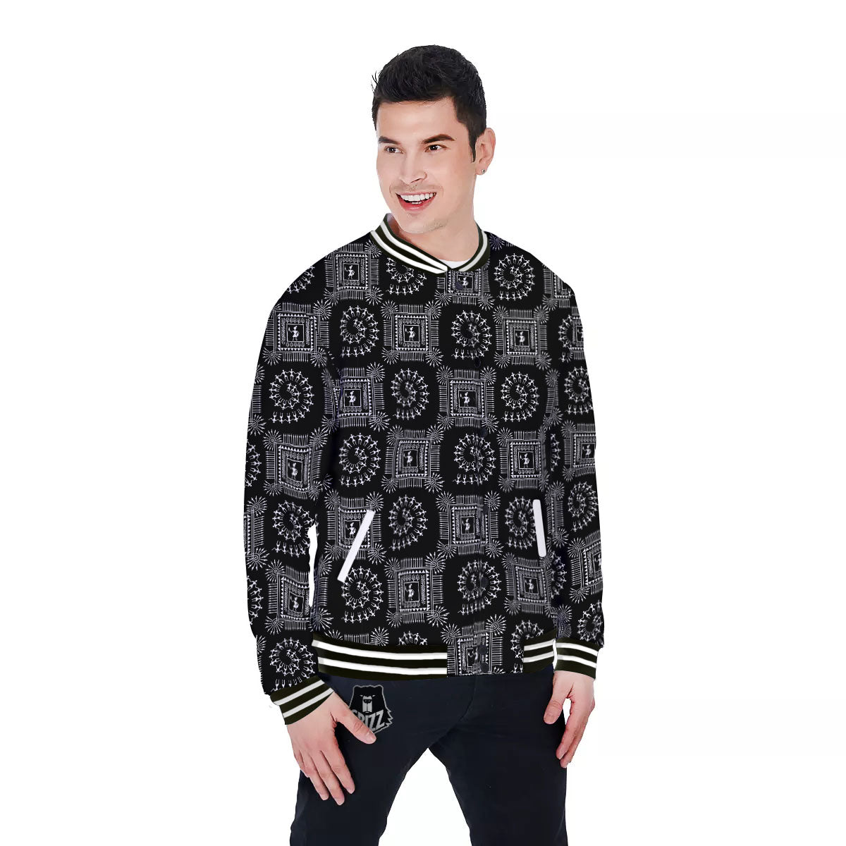 Warli Tribal White And Black Print Baseball Jacket-grizzshop